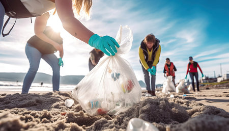 Group of eco volunteers picking up trash plastic on the beach, Activist people collecting garbage protecting the planet, Ocean pollution, environmental conservation and ecology.の素材
