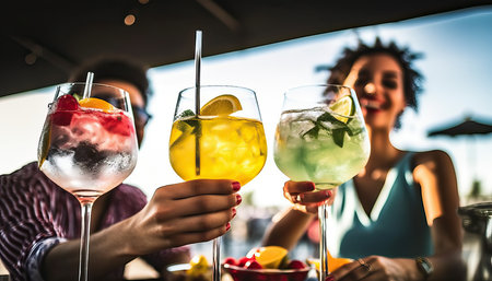 Diverse young people celebrating cheering cocktail glasses outside , Happy group of friends having fun together on summer vacation , Friendship with guys and girls enjoying weekend event.の素材