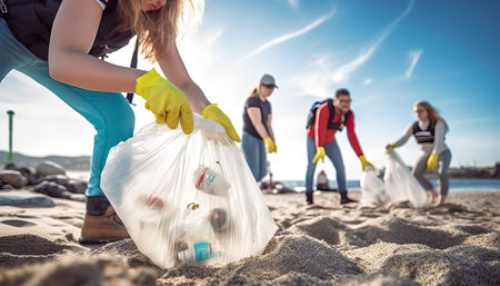 Group of eco volunteers picking up trash plastic on the beach, Activist people collecting garbage protecting the planet, Ocean pollution, environmental conservation and ecology.の素材