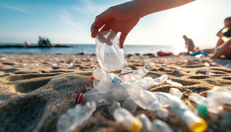 Group of eco volunteers picking up trash plastic on the beach, Activist people collecting garbage protecting the planet, Ocean pollution, environmental conservation and ecology.の素材