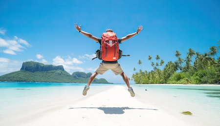 Happy man with backpack jumping on nature background, Successful hiker enjoying freedom climbing rocks outdoors, Adventure, journey, freedom and sport.の素材