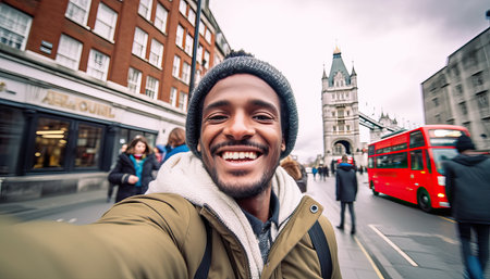 Smiling man taking selfie picture in England , Young tourist male taking memory pic with iconic england landmark , Weekend holidays,の素材