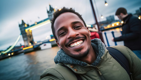 Happy young man taking selfie in Bridge, London, Handsome guy smiling at camera on city street, Tourism and happy lifestyle.の素材