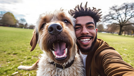 Young happy man taking selfie with his dog in a park, Smiling guy and puppy having fun together outdoor, Friendship and love between humans and animals.の素材