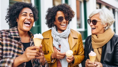 Three mature women eating ice cream cone outside , Older female friends having fun walking on city street , Joyful elderly lifestyle.の素材
