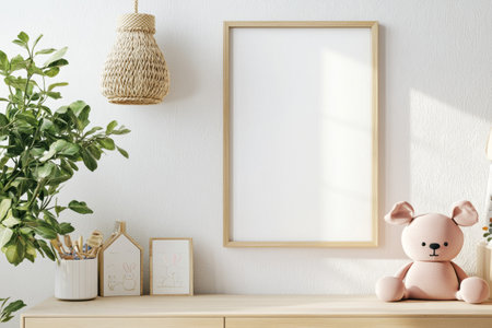 Warm and cozy kids room interior with mock up poster frame, beige wall with stucco, white desk, stool, pillows, plush animal toys, garland on the wall and personal accessories. Home decor. Template.の写真素材