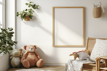 Warm and cozy kids room interior with mock up poster frame, beige wall with stucco, white desk, stool, pillows, plush animal toys, garland on the wall and personal accessories. Home decor. Template.の写真素材