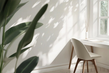 Cozy Scandinavian workplace interior space with mock up background, wooden desk, and accessories. Home decor. Templateの素材