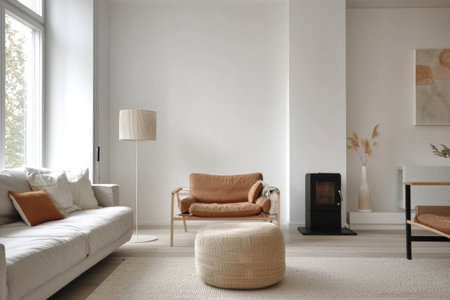 Cosy minimal Scandinavian living room with sofa, wall mock upの素材