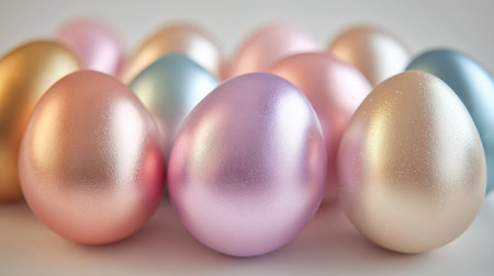 Shiny pastel Easter eggs arrangement with metallic finishes on soft background perfect for seasonal decoration and greeting card designsの素材