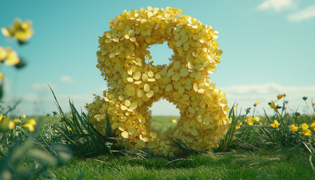 A festive banner with flowers and the number 8, Women's day greeting text with march 8 in pink ribbon elements for international women's celebration.の素材