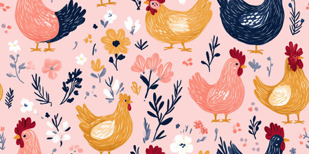 Seamless Farm Pattern with Chickens and Hensのイラスト素材