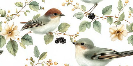 Vector illustration of seamless floral pattern with little birds in spring and blackberries branches for Wedding, anniversary, birthday and party. Design for invitation card, picture frame, poster, scrapbook.のイラスト素材