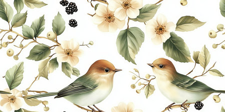 Vector illustration of seamless floral pattern with little birds in spring and blackberries branches for Wedding, anniversary, birthday and party. Design for invitation card, picture frame, poster, scrapbook.のイラスト素材