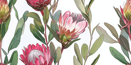 Seamless Vector pattern with Tropical exotic pink protea flowers in tropical leaves. Botanical African flowers on white background.のイラスト素材