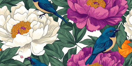 Birds and pink purple peonies floral seamless pattern. Ideal for fabric, wallpaper, or textile design, Vector Floral seamless pattern with garden flowers, elegant nature inspired design.のイラスト素材