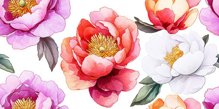 Vector elegant floral seamless pattern. Red pink white peonies, on white background. Spring, summer holidays presents and gifts wrapping paper, For textiles, packaging, fabric,wallpaperのイラスト素材