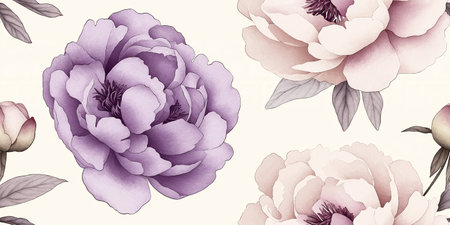 Vector Seamless pastel floral pattern with peony flowers on white summer background, watercolor. Template design for textiles, interior, clothes, wallpaper. Botanical art.のイラスト素材
