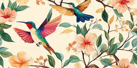 Hummingbirds and tropical flowers branches, Vector seamless pattern. Floral summer pattern background with hummingbird, tropical flowers for wallpapers, backgrounds, textures, textile.のイラスト素材