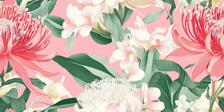 Pink Floral Seamless Vector Pattern with Waratah and Orchid Flowers, Art Nouveau Style, Soft Pastel Aesthetic for Elegant Design.のイラスト素材