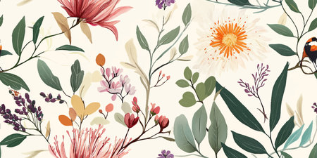 Australian flowers vector seamless repeating pattern of eucalyptus, proteas wattles leaves on a white background, Botanical print with soft pastel colors.のイラスト素材