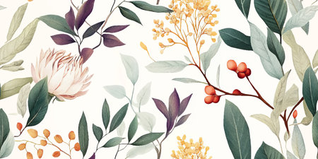 Australian flowers vector seamless repeating pattern of eucalyptus, proteas wattles leaves on a white background, Botanical print with soft pastel colors.のイラスト素材