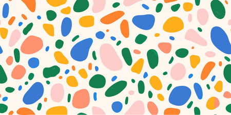 Fun colorful seamless vector pattern, Creative 90s style geometric shape background for children or trendy design with bright collage shapes. Simple and playful childish doodle backdrop.のイラスト素材