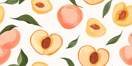A seamless pattern of juicy peaches and leaves on a white background for design projects menus and product packaging.のイラスト素材