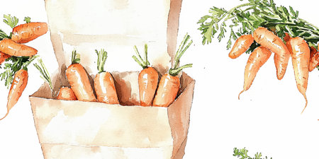 Watercolor seamless pattern of carrots with paper bag on a white background.のイラスト素材