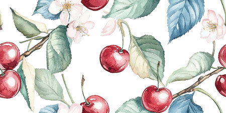 Cherry berries with leaves, flowers watercolor floral seamless pattern on white background for table textile, summer fabrics, scrapbooking, decoupage.のイラスト素材