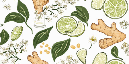Seamless vector pattern of fresh vegetables on white background, root of ginger, lemon, mint, Jasmine tea, botanical illustration background.のイラスト素材
