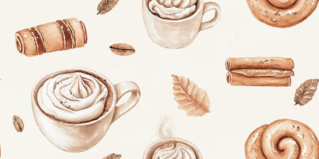 Seamless pattern featuring coffee latte and cappuccino in white porcelain cups accompanied by cinnamon rolls perfect for culinary books and cafe menus.のイラスト素材