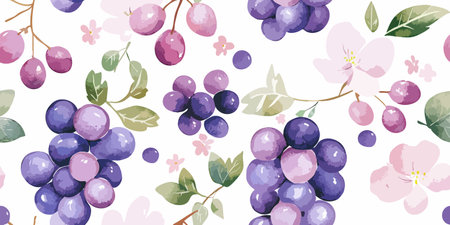 Watercolor hand drawn grapes and flowers seamless pattern, red grapes plant and leaves repeat pattern illustration.のイラスト素材