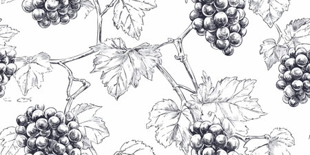 A seamless, intricate vector pattern featuring grapevines, leaves, and branches drawn with thick, elegant lines the grapes and leaves intertwine gracefully, creating a classic, decorative linework.のイラスト素材