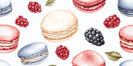 Watercolor dessert seamless pattern. Sweet treats repeat background for kitchen, design, textile, packaging, fabric, wallpaper, packaging, branding, stationery wrapping paper interior decorのイラスト素材