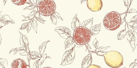 Seamless vintage botanical vector pattern with hand-drawn lemons, grapefruit, and citrus tree branches. Elegant fruit design for packaging, fabric, wallpaper, branding, stationery, wrapping paper, and kitchen decorのイラスト素材