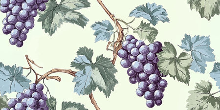 Grape seamless pattern. Elegant fruit repeat background for kitchen, restaurant, design, packaging, fabric, wallpaper, branding, stationery wrapping paper interiorのイラスト素材