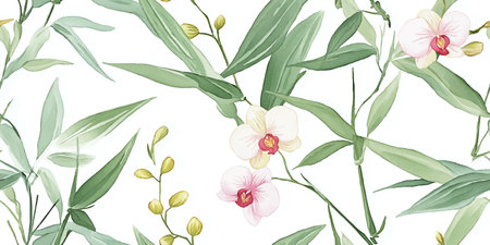 Elegant White Orchid and Bamboo Seamless Pattern on white. Serene Botanical Repeat Background with Green Leaves for Zen Decor and Textiles.のイラスト素材