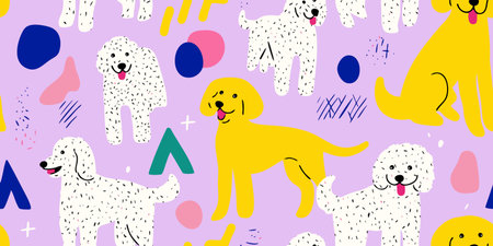 Playful Golden Doodle Dog Seamless Pattern. Cute Cartoon Canine Abstract Design for trendy design, textile, packaging, fabric, wallpaper, branding, stationery, wrapping paper interior decor.のイラスト素材