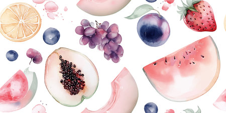 Vibrant Watercolor Summer Fruits Seamless Pattern. Fresh Healthy Garden Produce Design for trendy design, textile, packaging, fabric, wallpaper, branding, stationery, wrapping paper interior decorのイラスト素材