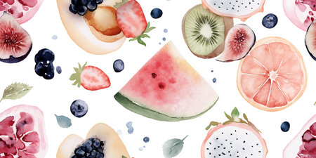 Vibrant Watercolor Summer Fruits Seamless Pattern. Fresh Healthy Garden Produce Design for trendy...