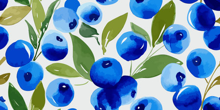 Vibrant Watercolor Blueberry Fruit Seamless Pattern. Fresh Healthy Summer Food Design for trendy...