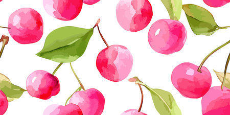 Vibrant Watercolor Pink Cherry Fruit Seamless Pattern. Fresh Summer Garden Food Design for trendy design, textile, packaging, fabric, wallpaper, branding, stationery, wrapping paper interior decorのイラスト素材