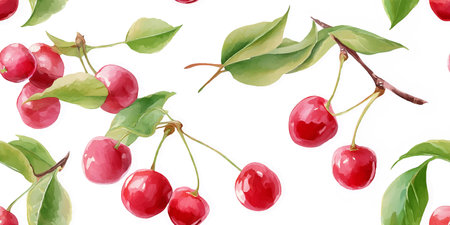 Vibrant Watercolor Cherry Fruit Seamless Pattern. Fresh Summer Garden Food Design for trendy design,...
