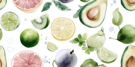 Vibrant Watercolor Citrus Fruit Avocado Seamless Pattern. Fresh Healthy Food Produce Design for...