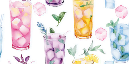 Refreshing Watercolor Summer Drinks Seamless Pattern. Colorful Ice Tea Lemonade Cocktail Design for trendy design, textile, packaging, fabric, wallpaper, branding, stationery, wrapping paper interior decorのイラスト素材