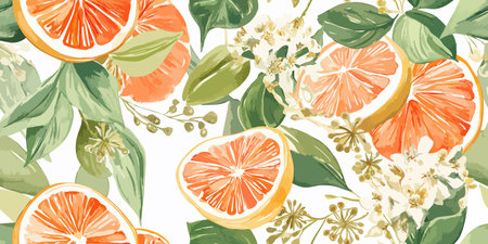 Vibrant Watercolor Orange Citrus Fruit Seamless Pattern. Fresh Botanical Leaf Design for trendy...
