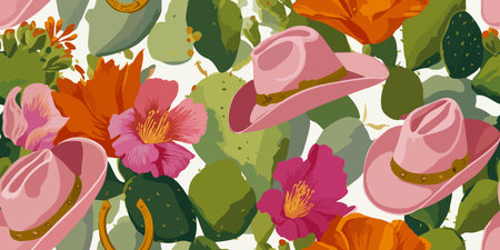 Whimsical Western Cactus and Pink Cowboy Hat Seamless Pattern. Desert Floral Botanical Design for...