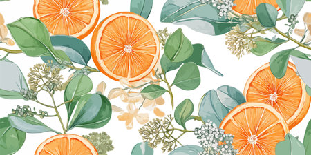 Vibrant Watercolor Orange Citrus Fruit Seamless Pattern. Fresh Botanical Leaf Design for trendy design, textile, packaging, fabric, wallpaper, branding, stationery, wrapping paper interior decorのイラスト素材