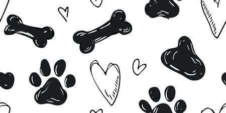 Cute Monochrome Dog Paw Print and Bone Doodle Seamless Pattern. Pet Animal Love Design for trendy design, textile, packaging, fabric, wallpaper, branding, stationery, wrapping paper interior decor.のイラスト素材
